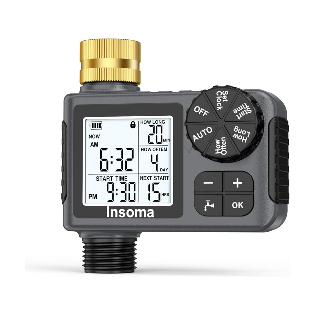 Water Timer for Garden Hose with Brass Inlet, 1 Outlet Sprinkler Timer with Auto/Manual/Rain Delay Mode, Large LCD