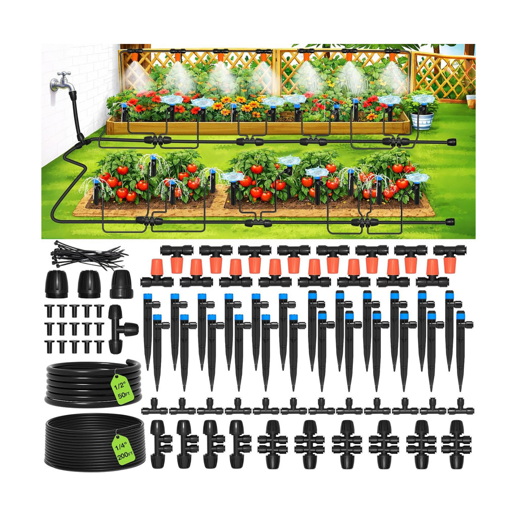 MIXC 250FT Drip Irrigation System Kit, Quick-Connect Garden Misting Watering System with 1/2” 1/4” Tubing Adjustable