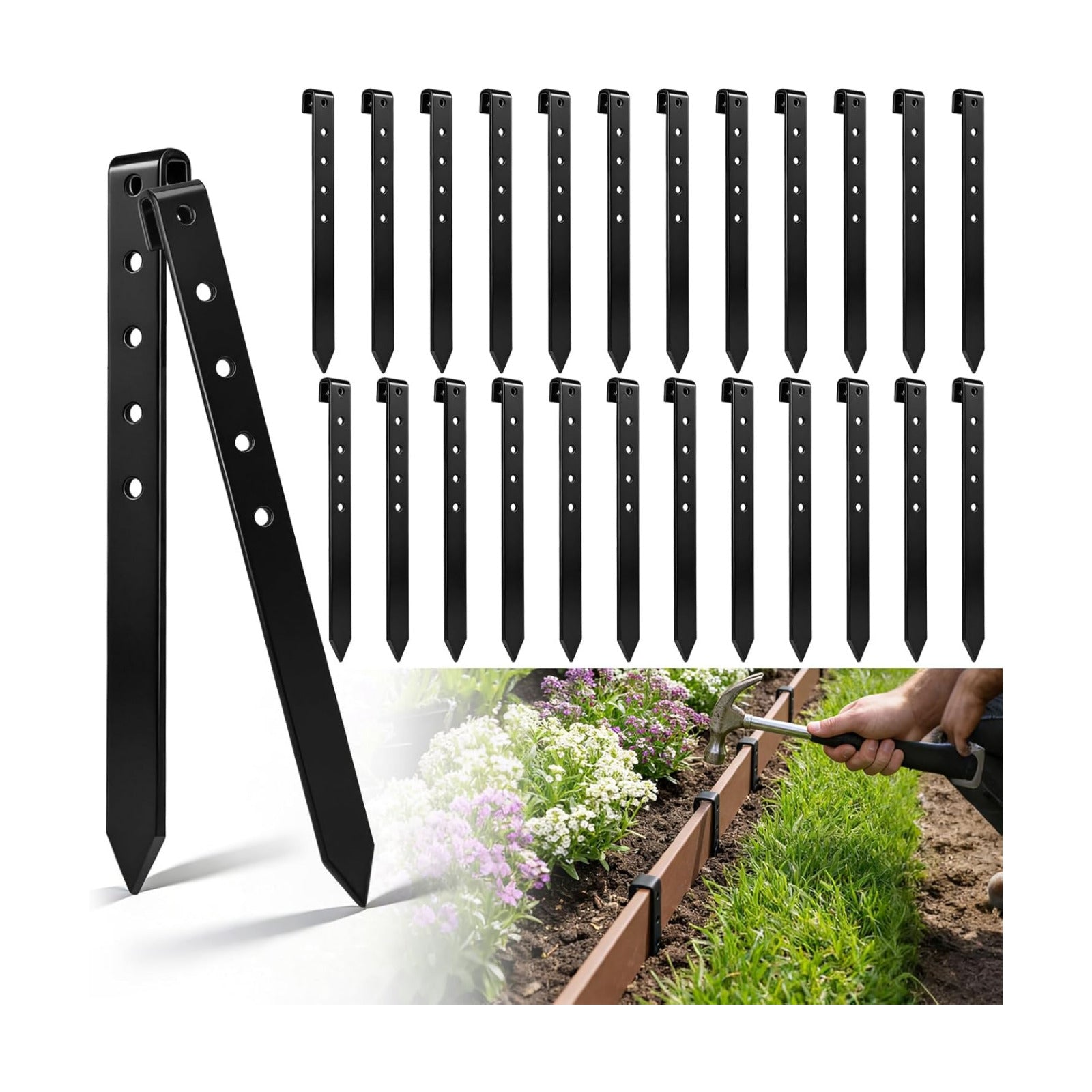 Fumete 36 Pcs 10'' Metal Landscape Stakes Bulk Garden Ground Edging Spikes with Holes Heavy Duty Anchoring Spike Carbon