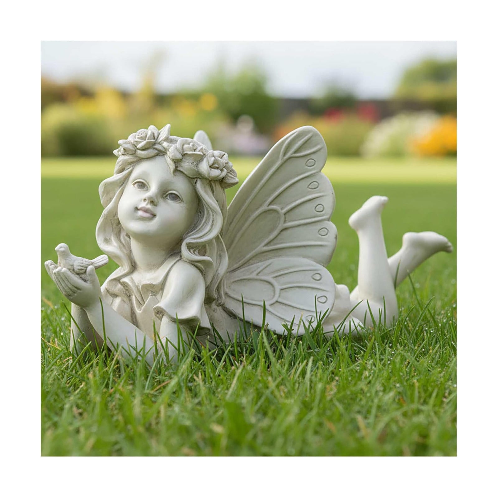 Fairy Garden Statue Holding Bird, Resin Outdoor Decor, 11.02 Inch | Hand-painted resin fairy figurine with bird and