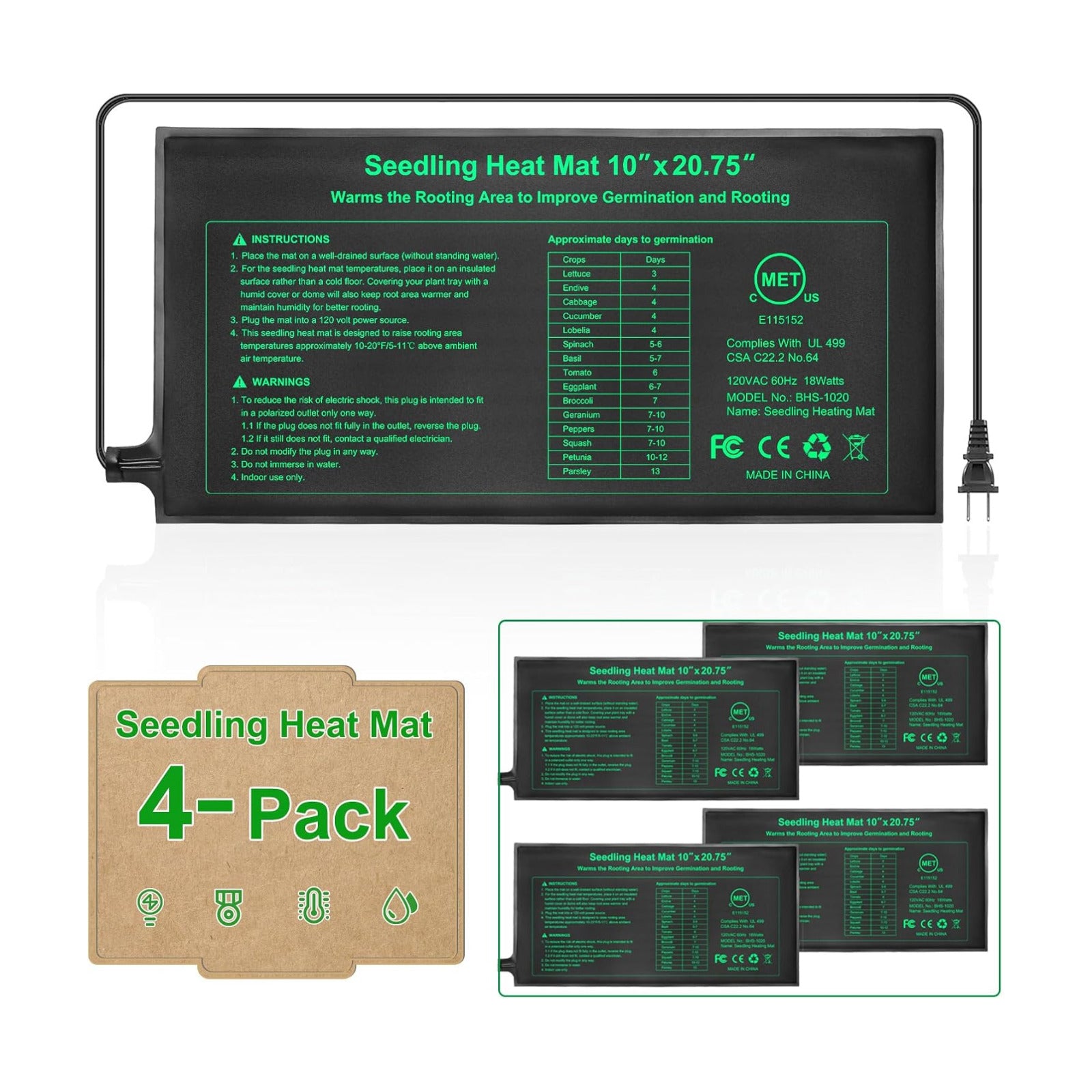 Seedling Heat Mat 4 Pack Dual Certified by MET and UL Plant Heating Mat Pad with Power Failure Protection Thermostatic