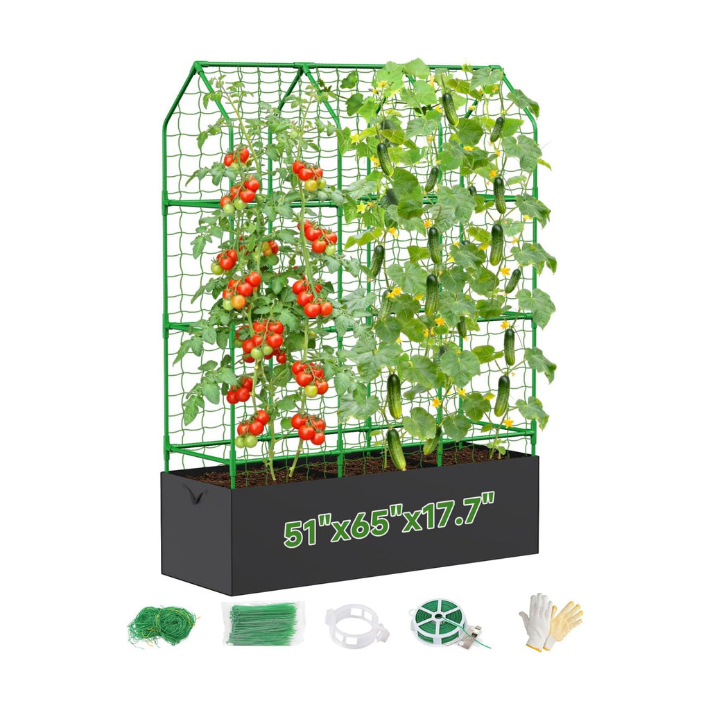 Cucumber Trellis with Grow Bag for Raised Bed, A-Shape Garden Trellis for Climbing Plants Outdoor, Metal Plant Trellis