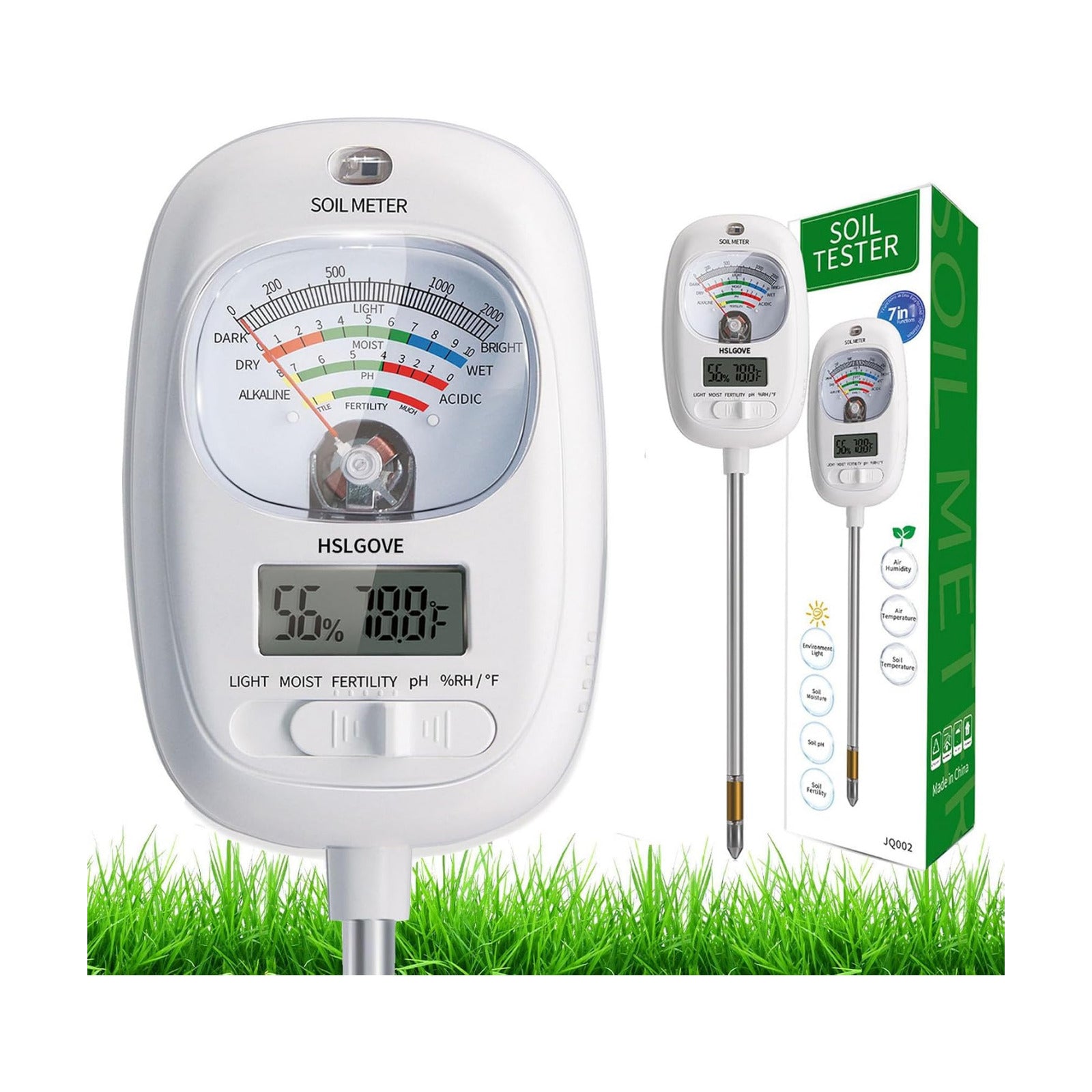 HSLGOVE Soil Test Kit, 7-in-One Soil Moisture Meter/Soil PH Meter/Fertility, Dual Screen Soil Tester w/Digital Soil