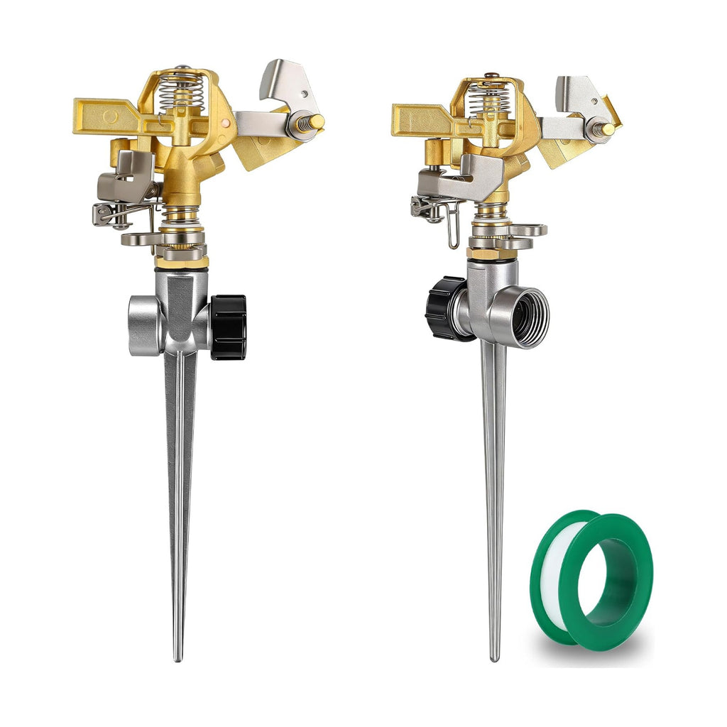 Triumpeek 2 Packs Impact Sprinkler, Brass Head, Aluminum Alloy Stand | On Spike Base, Heavy Duty, Adjustable 360