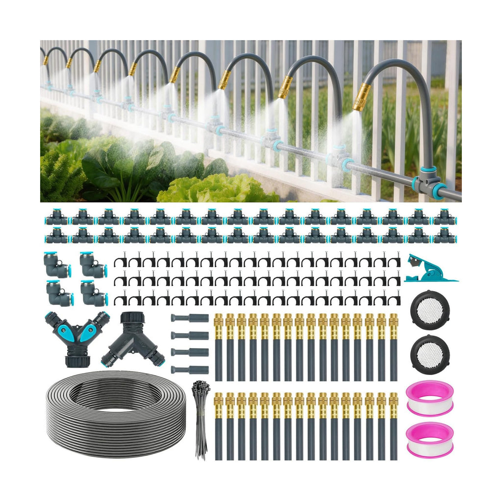 360°Adjustable Drip Irrigation System,200FT Irrigation System for Garden | 32 Copper Nozzles,141Pcs Automatic Misting