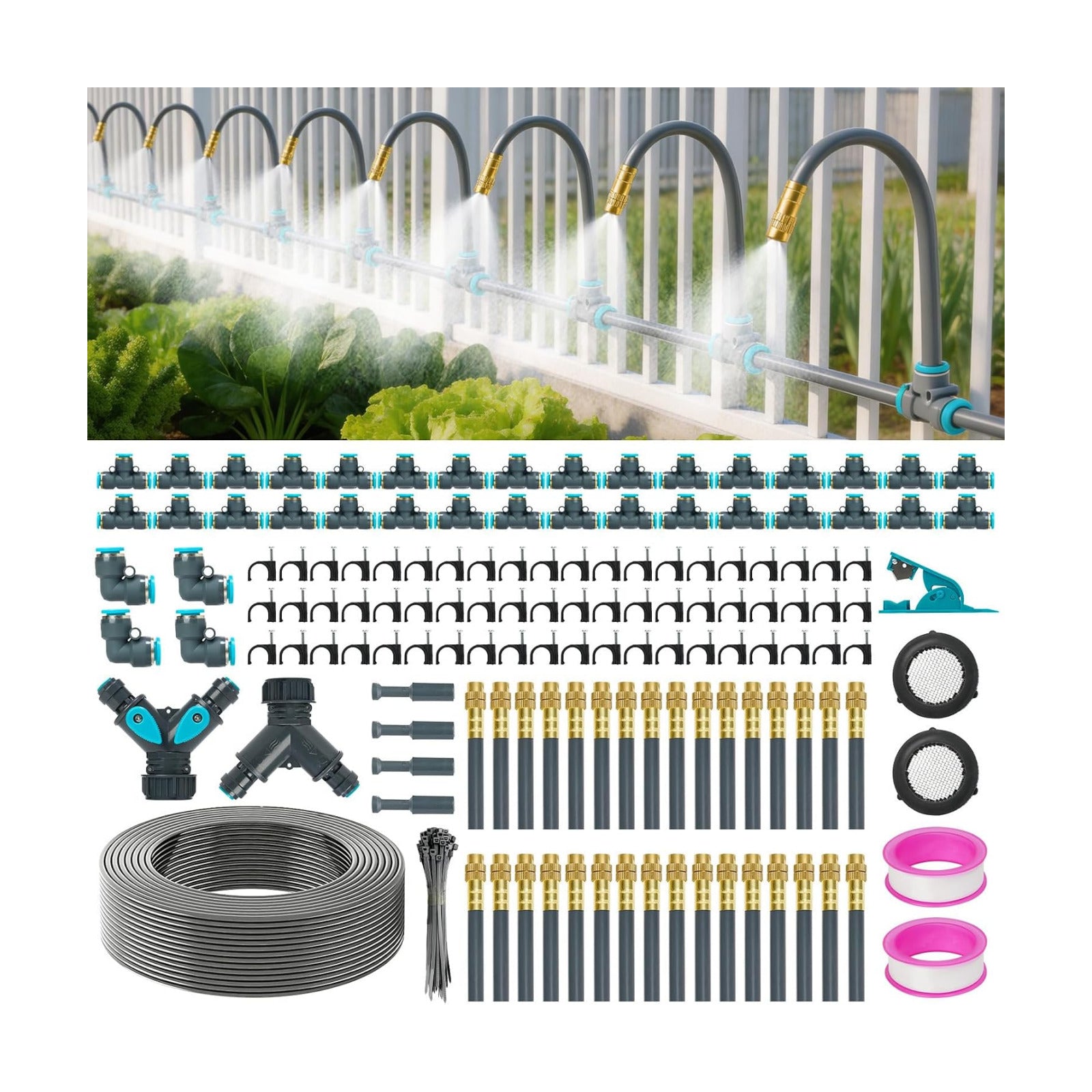 360°Adjustable Drip Irrigation System,200FT Irrigation System for Garden | 32 Copper Nozzles,141Pcs Automatic Misting