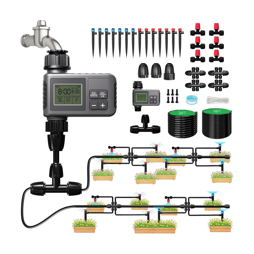 124FT Drip Irrigation System with LCD Timer, Automatic Watering System Kits,5/16 Inch Hose 1/4 Inch Distribution Tubing