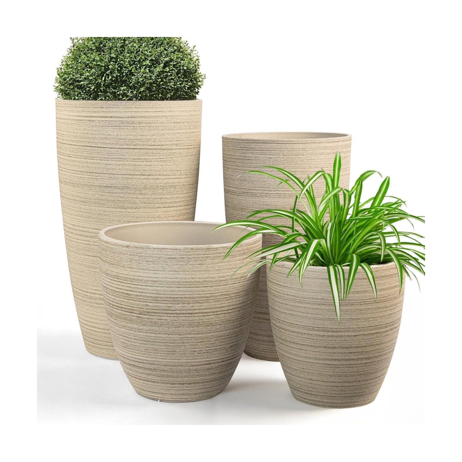 ZMTECH 4 Pack Plastic Planters 21/18/12/10in, Beige Faux Stone Finish Round Flower Pots with Drainage Holes & Saucers