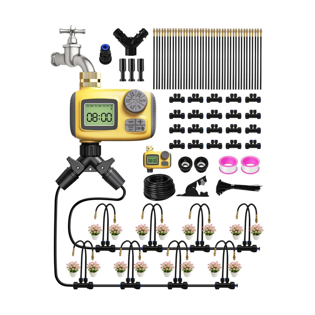 66FT Drip Irrigation System with Timer, Automatic Watering System Kit with Solid Brass Metal Connectors, 360°