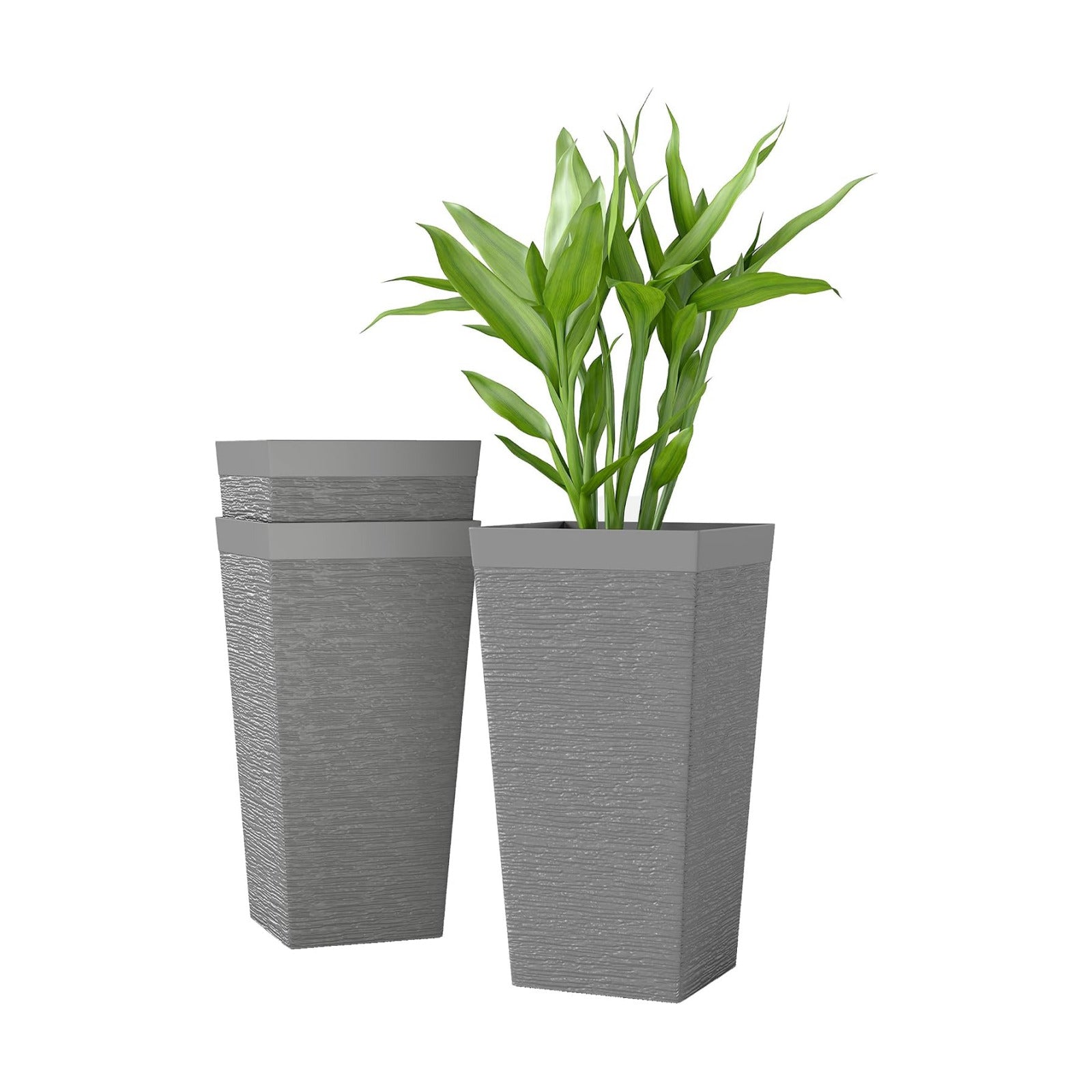 Outsunny 22.8 Inch Tall Planters for Outdoor Plants Set of 3, Gray | Wheels, Plastic Flower Pots, Stone Finish