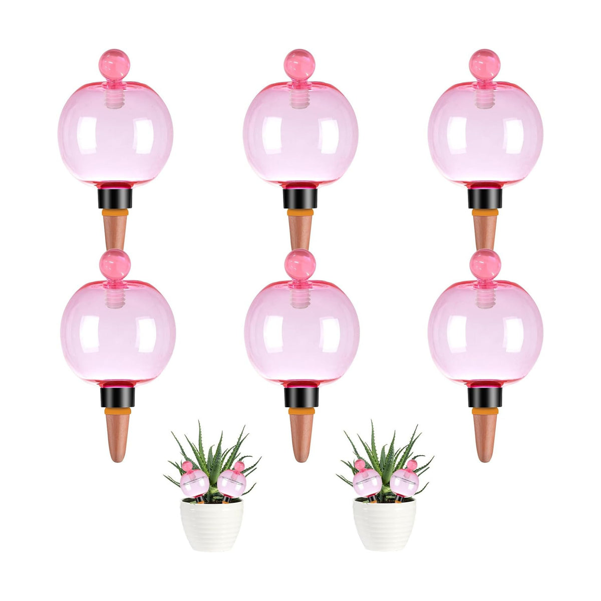 6 Pack Self Watering Globes 17oz Large Plant Watering Globes Top Fill, Self Water Planter Insert Indoor/Outdoor Plastic Water Bulbs Slow Release Terracotta for Plants, Pink