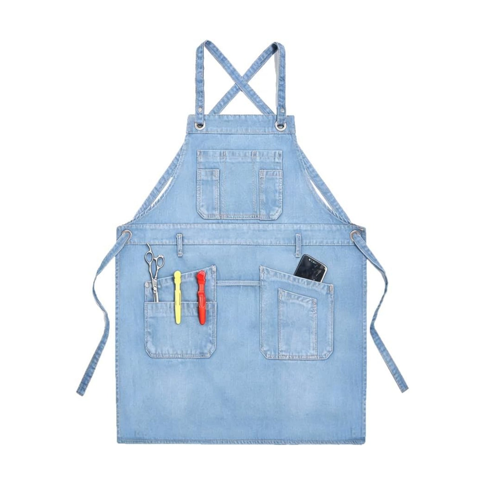 Denim Apron with Big Pockets Adjustable Cooking Apron Jean for Hair Stylist Gardening Craftsmen Barista Hairdresser