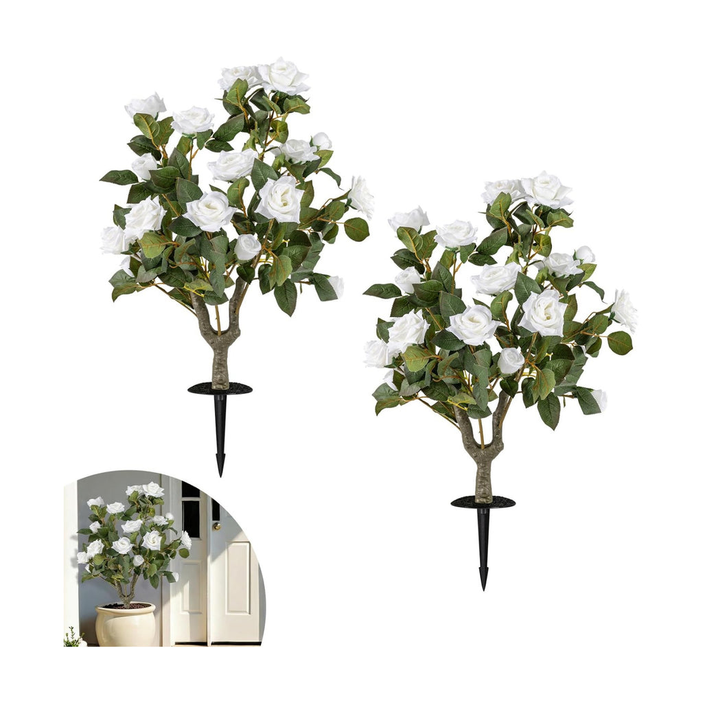 Goplus 2 Pack Artificial Rose Flower Trees, 31.5” Fake Shrub Plants with Spikes, 186 Leaves & 18 White Flowers, Sun-Proof Indoor & Outdoor Silk Floral Topiary Plants for Home Porch Wedding