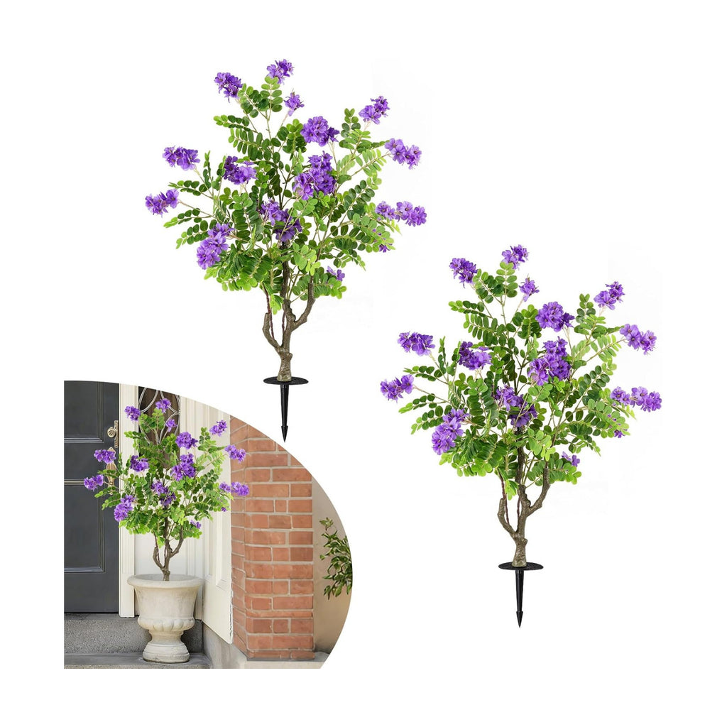 Goplus 2 Pack Artificial Locust Flower Trees, 39” Fake Evergreen Shrubs with Ground Spikes, Sophora Japonica Blossoms, Sun-Proof Indoor & Outdoor Faux Silk Plants for Home Garden Decoration