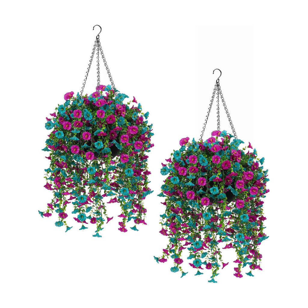 2 Pack Artificial Hanging Flowers Basket Set, Cascading Morning Glory