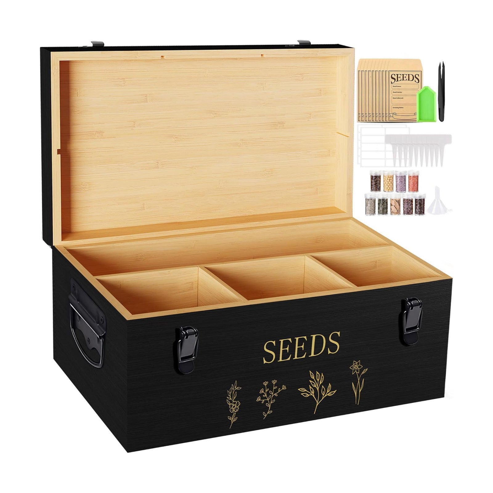 Bamboo Seed Storage Organizer, Large Garden Seed Organizer with Lid & Safety Lock & Handles, Seed Box Includes Seed