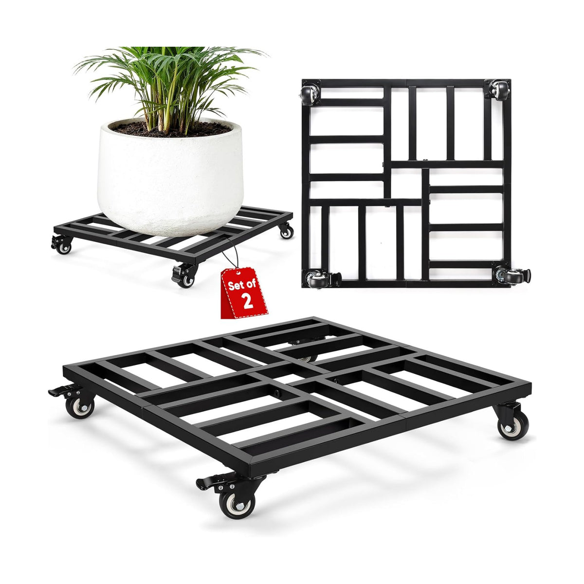 22" Plant Caddy with Wheels, Heavy Duty Metal Rolling Plant Stand, 600 lbs Square Plant Dolly with Lockable Industrial