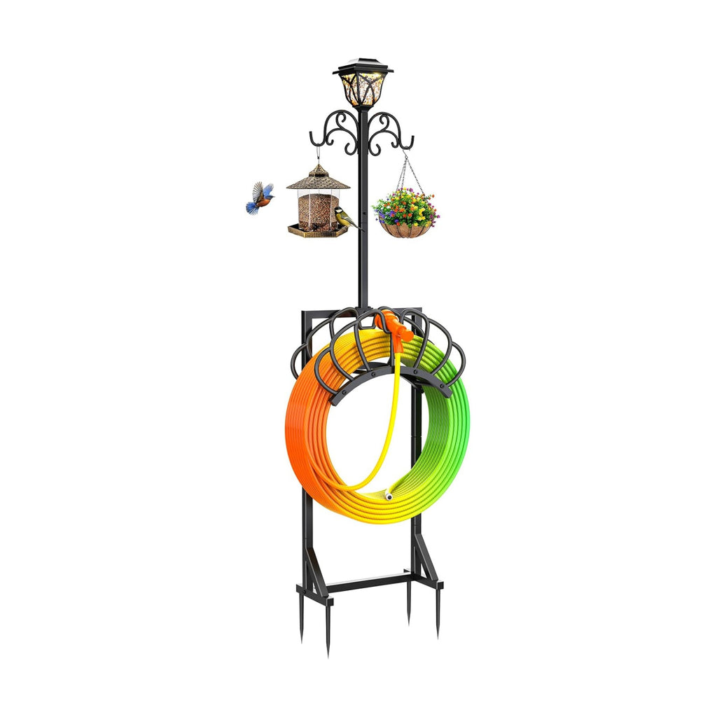 Garden Water Hose Holder with Solar Light & Shepherds Hooks for outside | Stores 160" Hose, Freestanding with Double