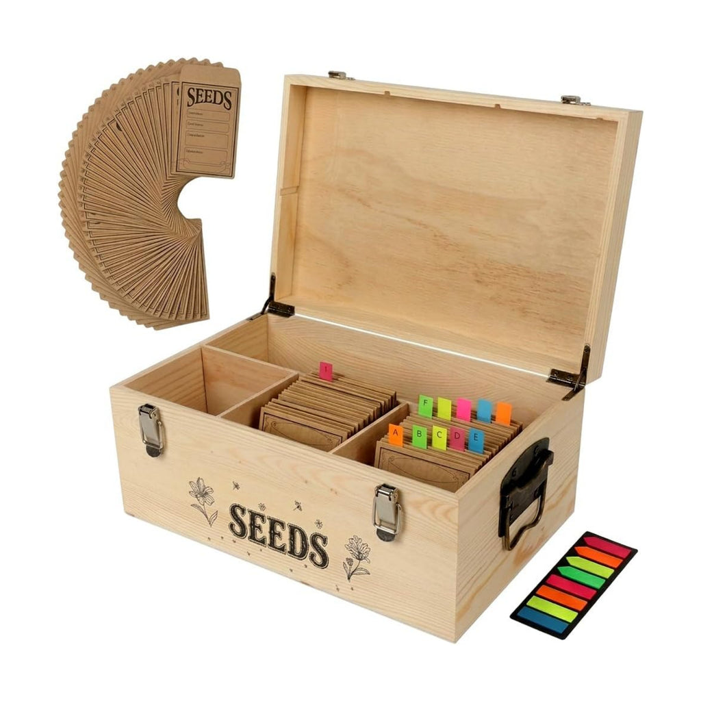 13.1”×7.7”×6” Wood Seed Storage Box 60pcs Seed Envelopes Fluorescent Index Tabs Seed Saving Organizer Box with