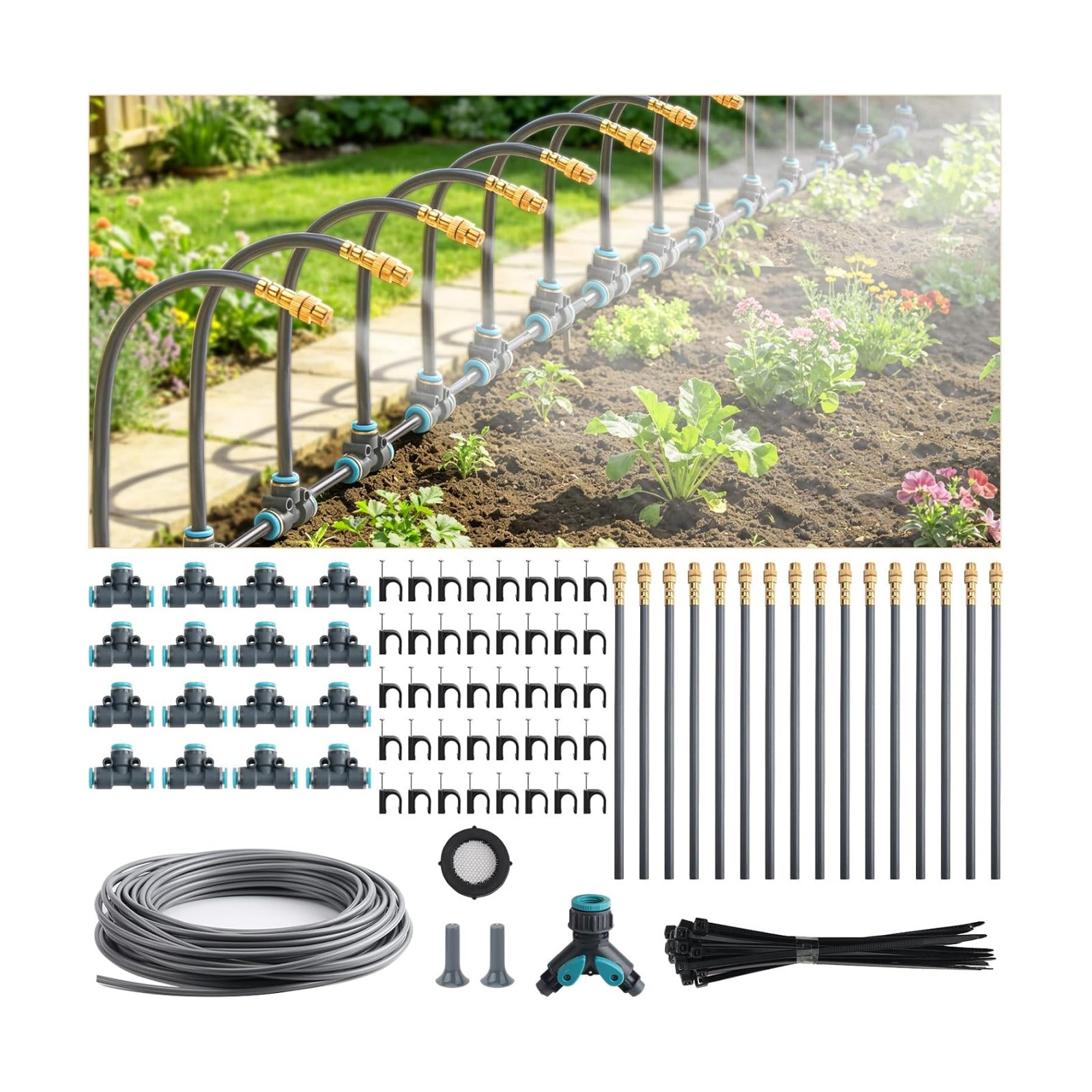 100FT 1/4" Quick-Connect Drip Irrigation System Kit, Automatic Garden Watering System with 16 Pcs Adjustable Spray