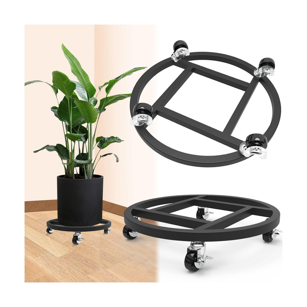 12" Metal Plant Caddy with Wheels, 2 Pack Rolling Plant Stand | Heavy Duty Plant Rollers with 360 Degree Lockable
