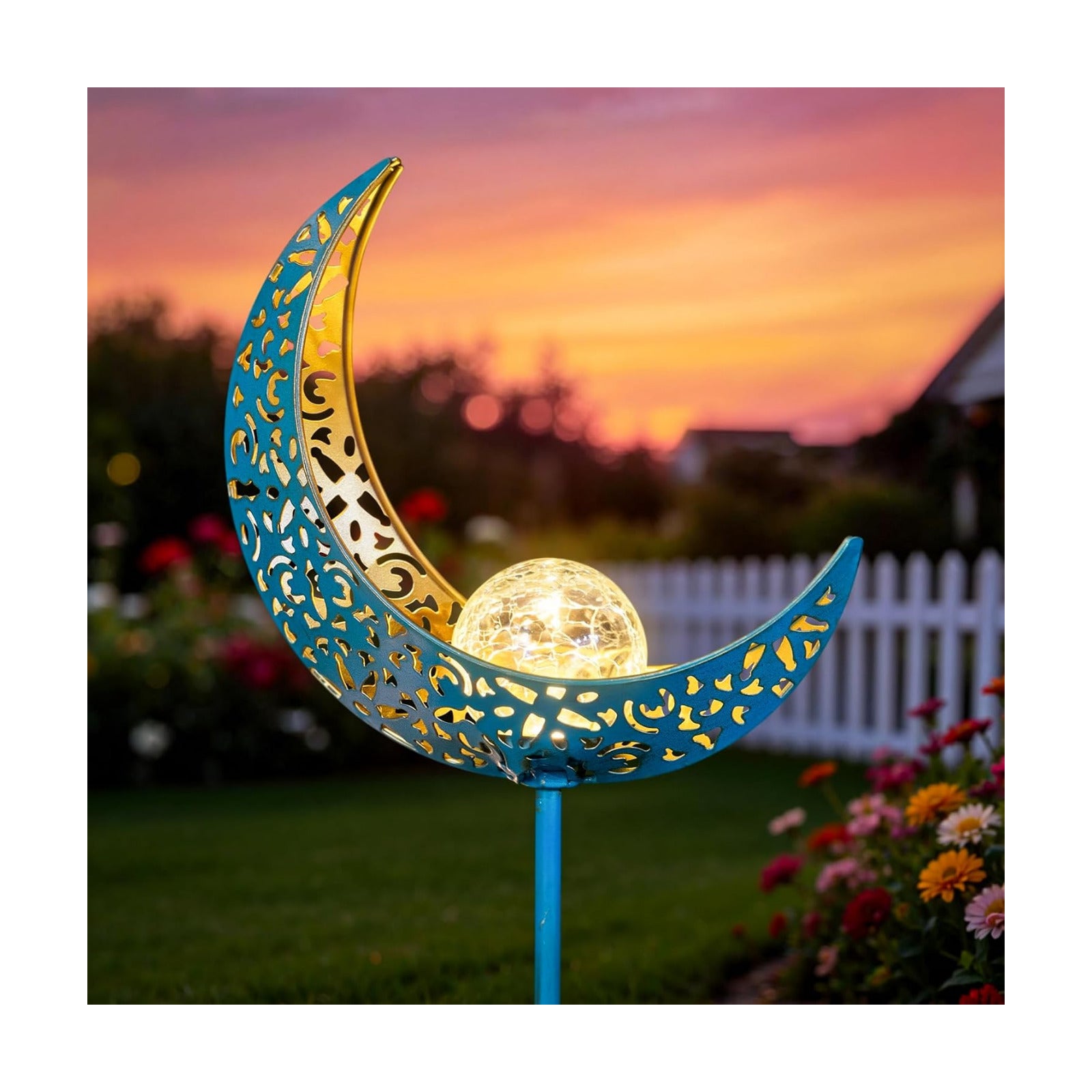 Moon Solar Garden Lights Outdoor Stakes, Waterproof Crackle Glass Metal Yard Lights for Lawn, Patio Accessories