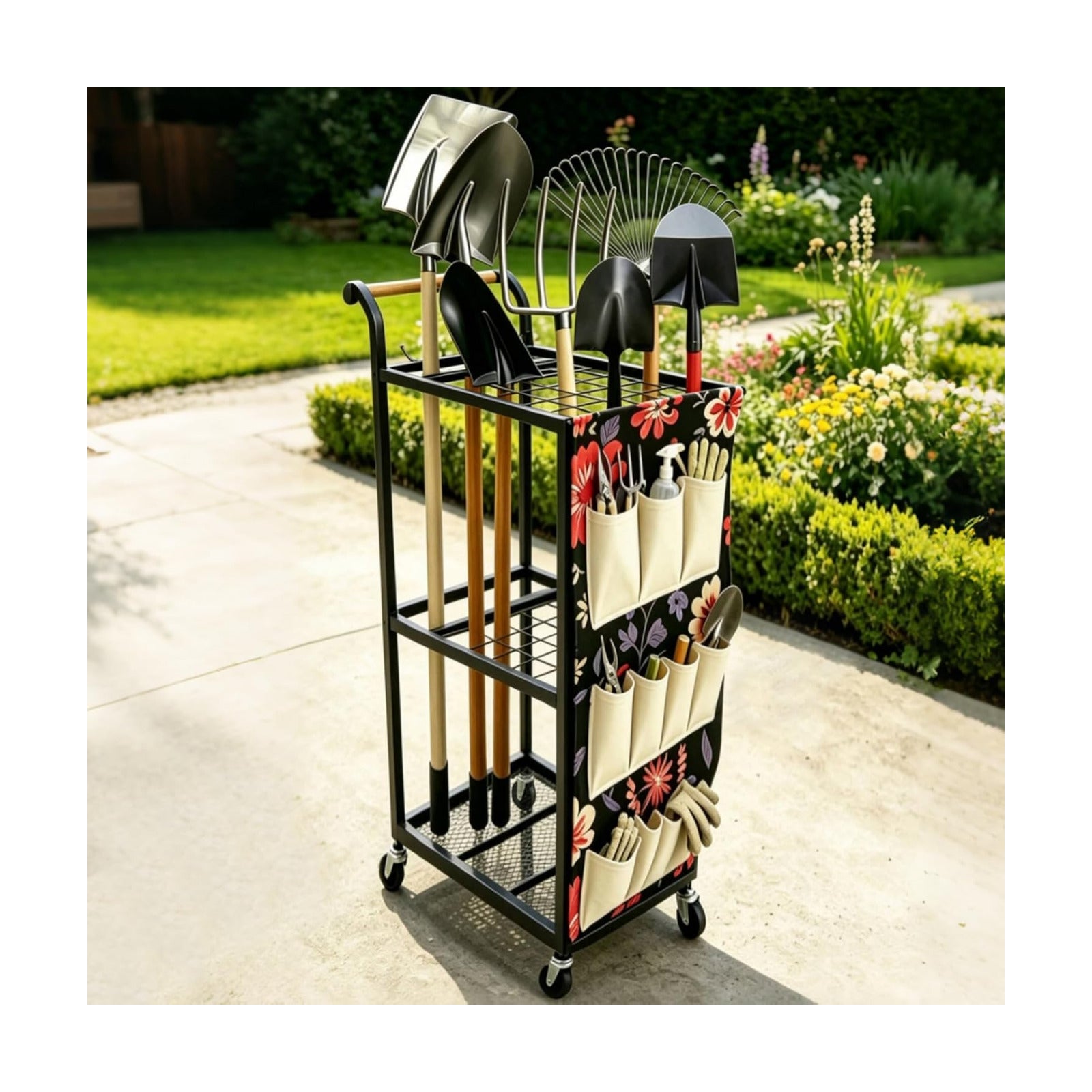 Garden Tool Organizer with Wheels 3 Tier Yard Tool Organizer Rack with Side Storage Pockets Sturdy Metal Steel Holder