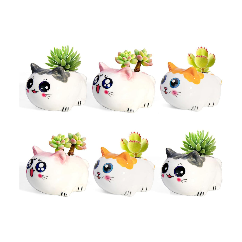Cat Succulent Pots Set of 6 - Small Ceramic Animal Planters with Drainage | Cute Mini Flower Pots for Air Plants &