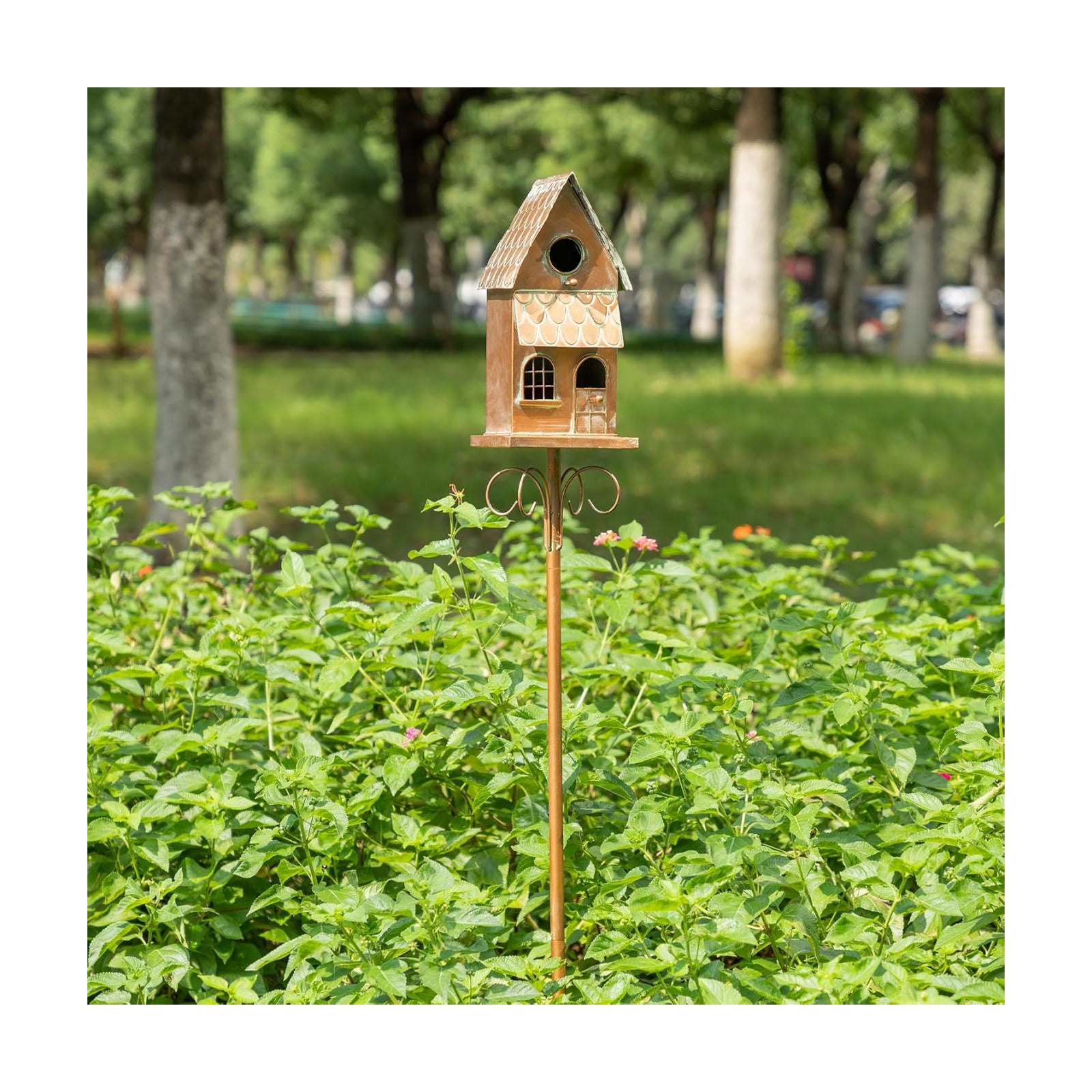 Glitzhome Birdhouses for Outdoors, Decorative Bird Houses for Outside, 53" H Farmhouse Faux Copper 2-Tiered Distressed