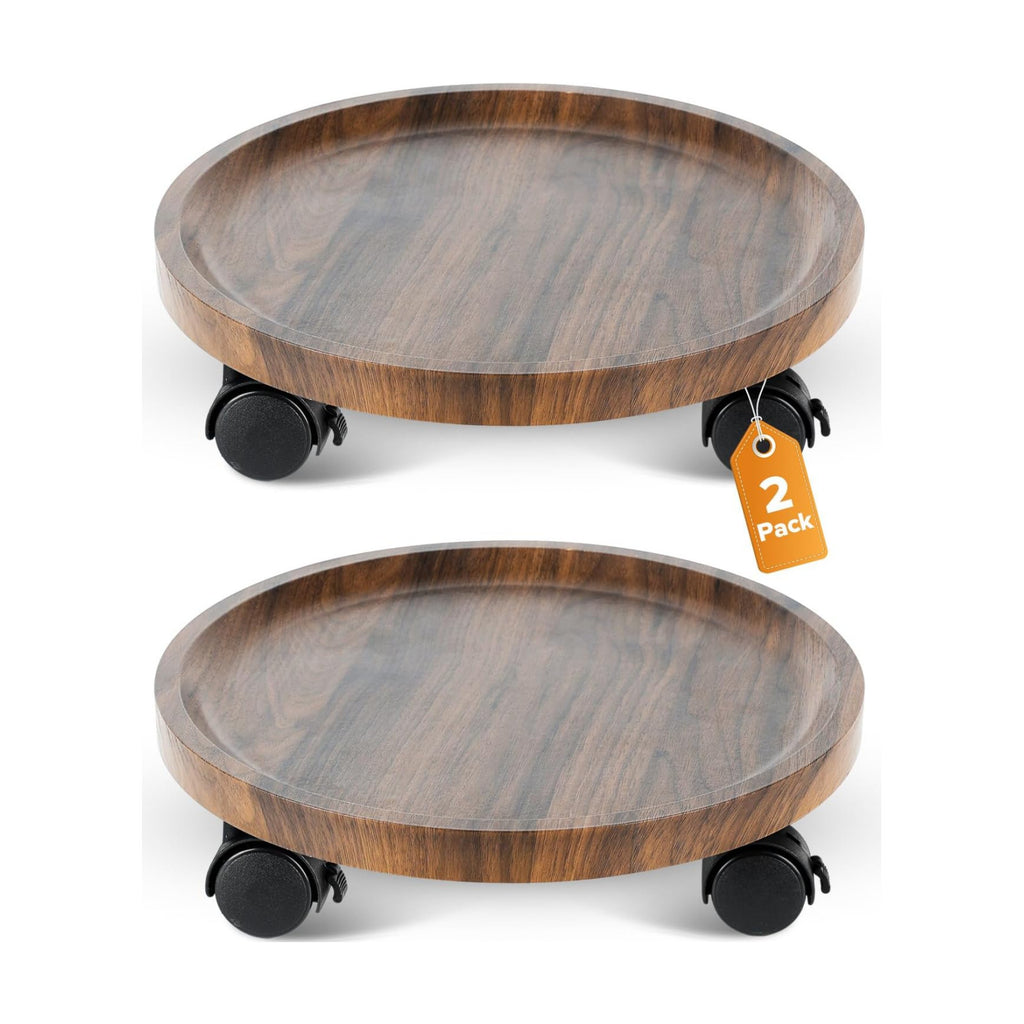 2 Pack Plant Caddy with Wheels, 12" Wood Rolling Plant Stand with 360° Lockable Wheels, Plant Stands Outdoor for Large