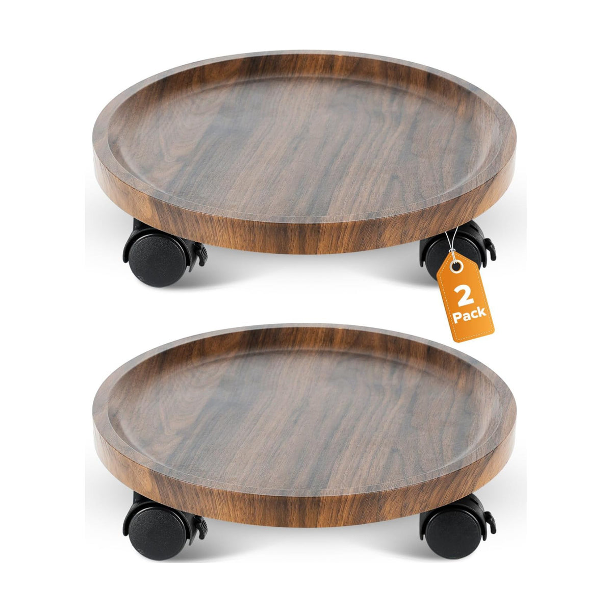 2 Pack Plant Caddy with Wheels, 12" Wood Rolling Plant Stand with 360° Lockable Wheels, Plant Stands Outdoor for Large