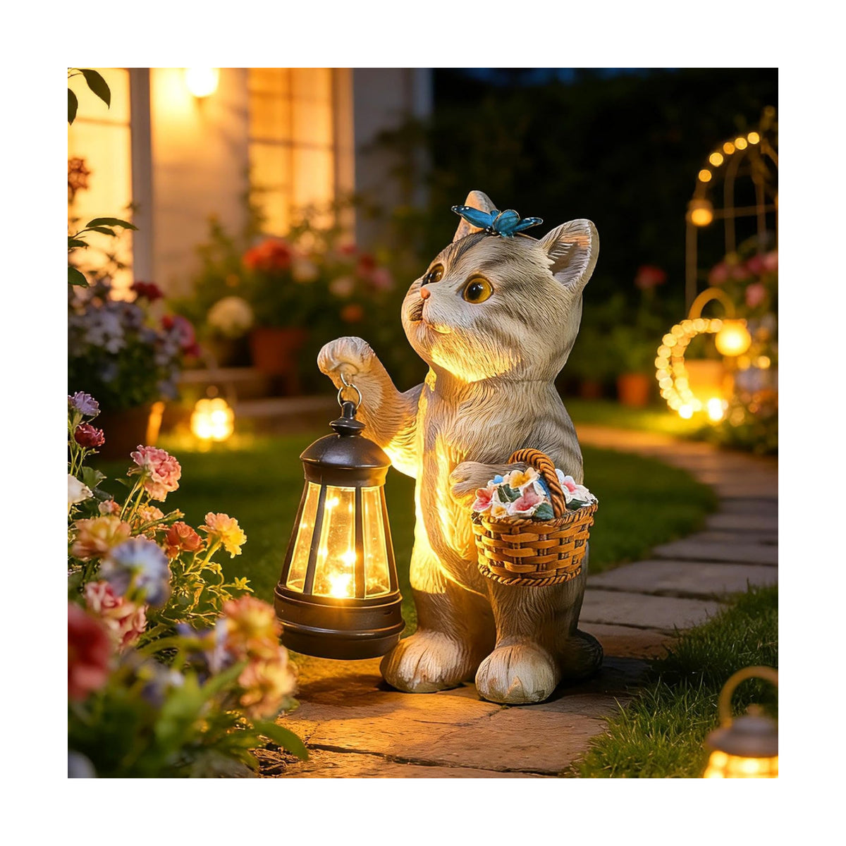 Brightown Solar Cat Garden Decor Statue with Solar Lantern Light, Hand-Painted Resin, IP65 Waterproof Outdoor Decor for