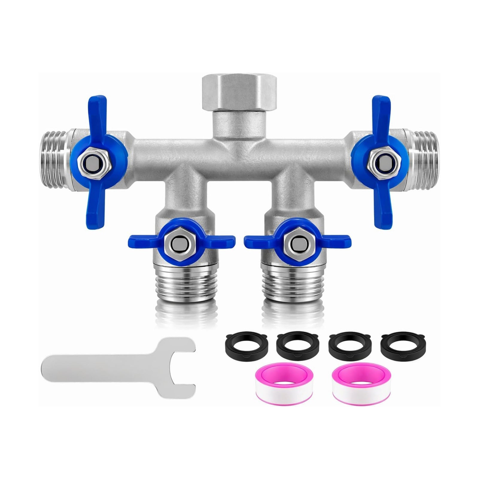 4 Way Garden Hose Splitter, 304 Stainless Steel Hose Splitter with 4 Shut-Off Valves, Heavy Duty Outdoor Faucet