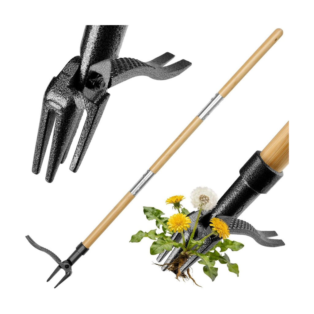 JYI&FORGE Stand Up Weed Puller Tool with Heavy Duty 4-Claw Steel Head | 45" Long Handle, Foot Platform Design, Bamboo