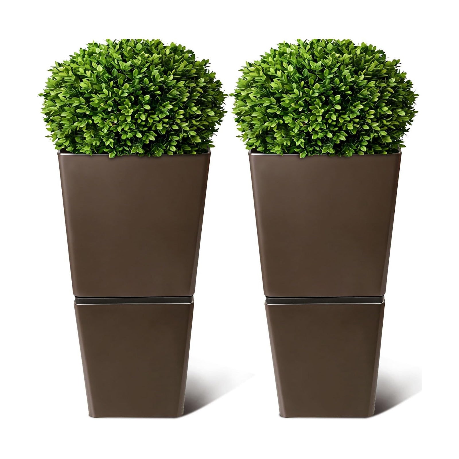 T4U Tall Planter for Outdoor Plants 2 Pack, Large Plastic Pots Brown | Patio porch deck use, Stackable design with