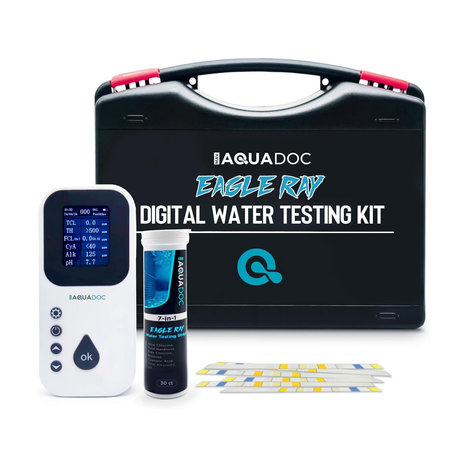 AquaDoc Eagle Ray Digital Water Test Kit for Pool & Spa with 30 Test Strips | Includes a Digital Water Tester and Hot