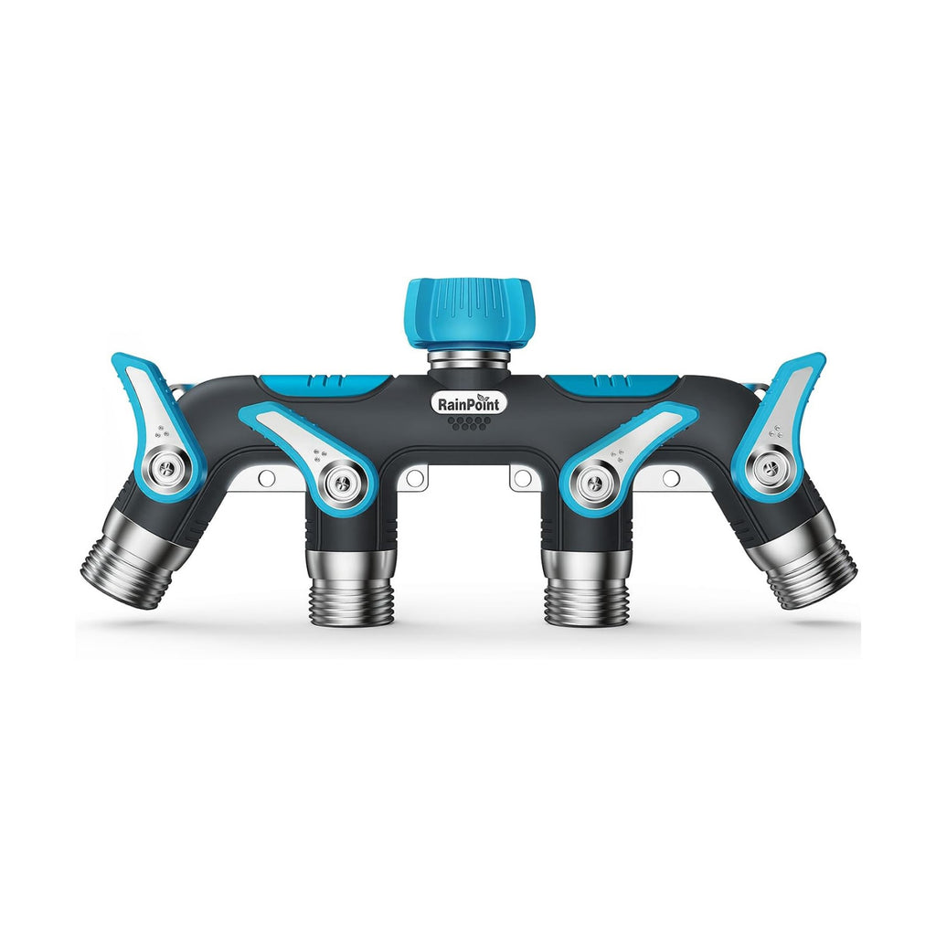 RAINPOINT 4 Way Garden Hose Splitter, 100% Metal Heavy Duty Water Hose Splitter with Individual Shut-Off Valves, 3/4"
