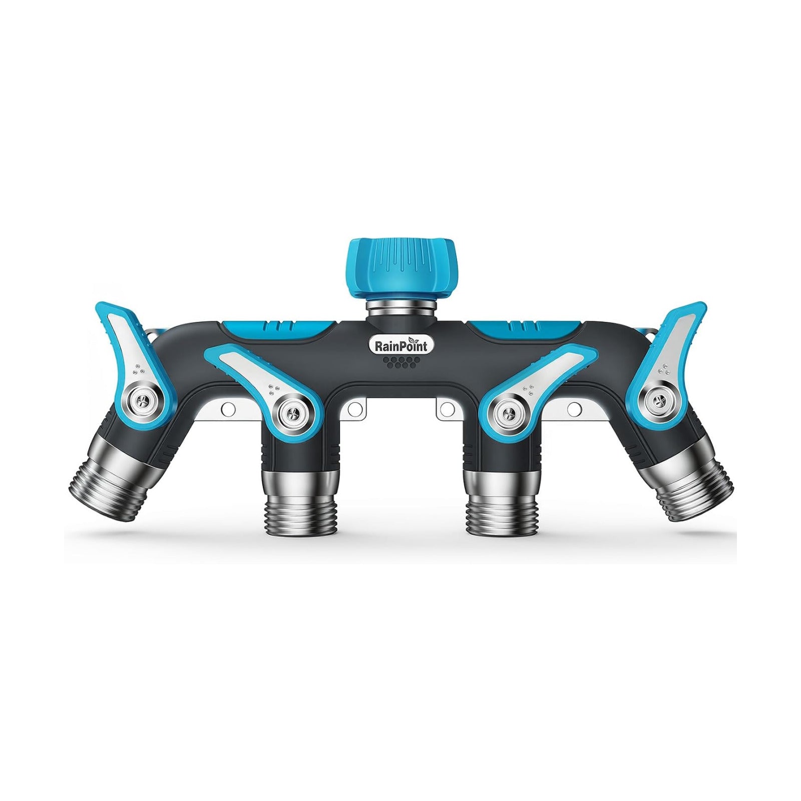 RAINPOINT 4 Way Garden Hose Splitter, 100% Metal Heavy Duty Water Hose Splitter with Individual Shut-Off Valves, 3/4"