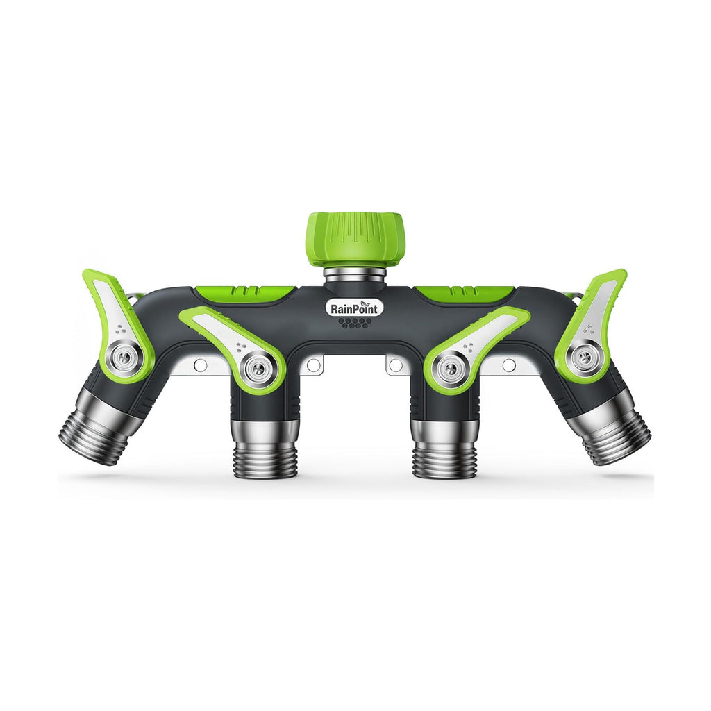 RAINPOINT 4 Way Garden Hose Splitter, 100% Metal Heavy Duty Water Hose Splitter with Individual Shut-Off Valves, 3/4"