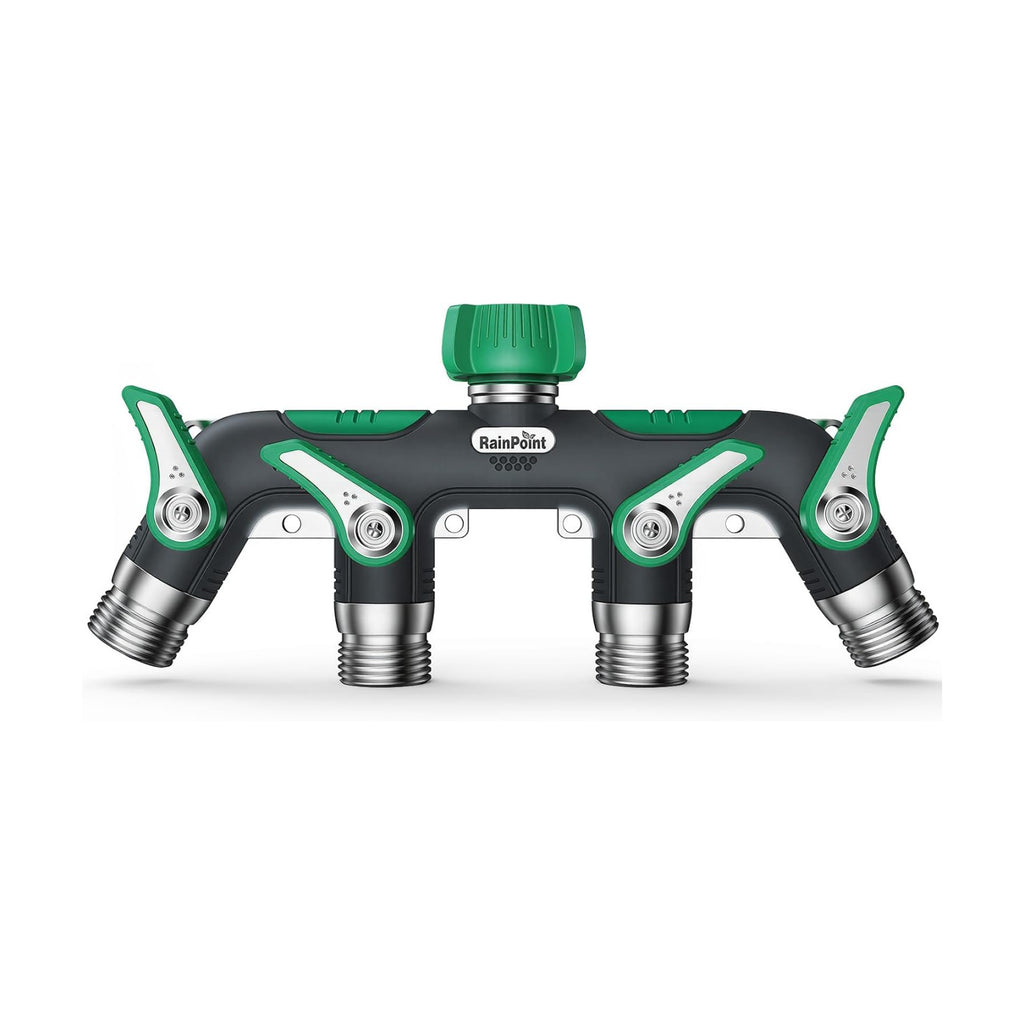 RAINPOINT 4 Way Garden Hose Splitter, 100% Metal Heavy Duty Water Hose Splitter with Individual Shut-Off Valves, 3/4"
