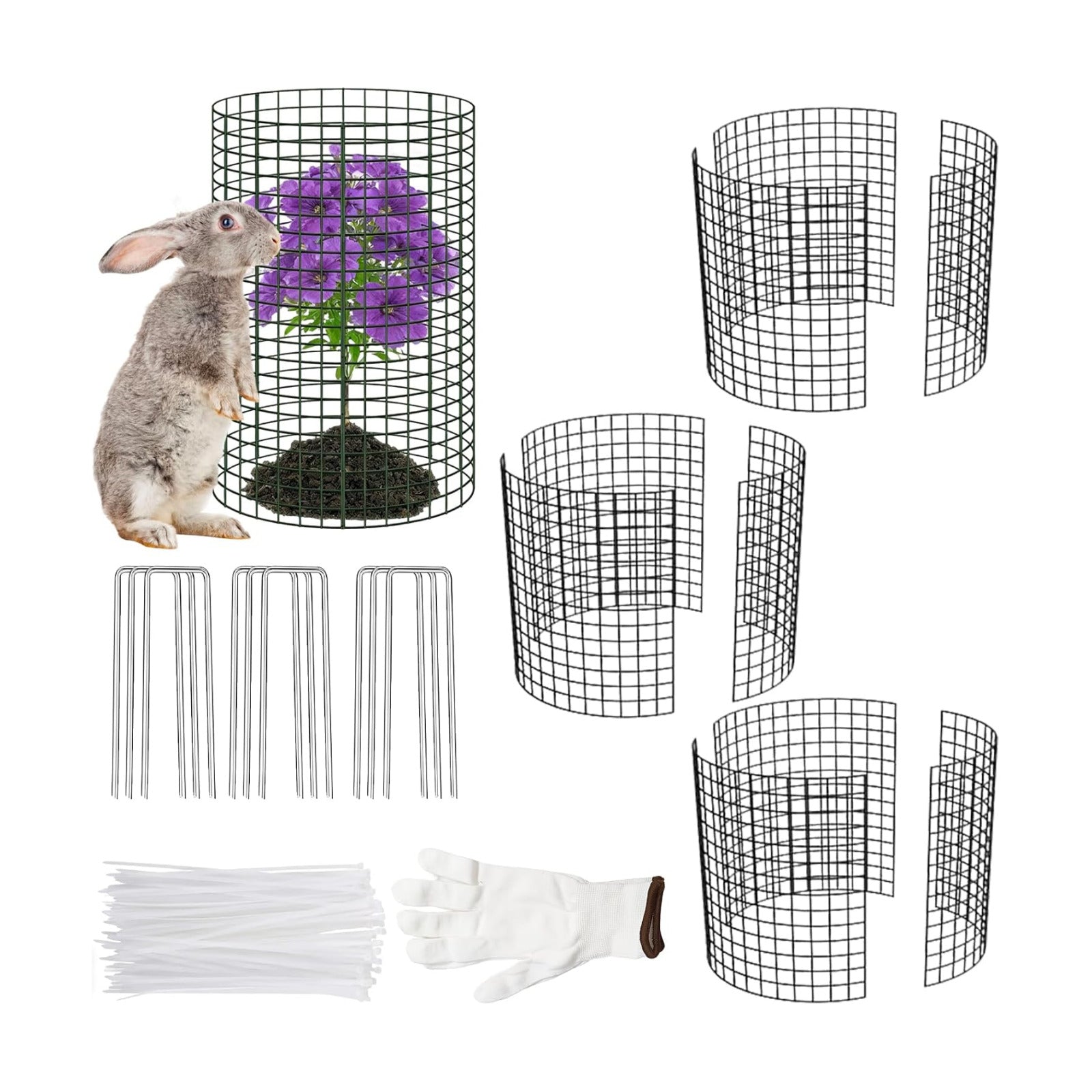 3Pack 17x14 Inch Green Coated Galvanized Wire Plant Protectors, 9Pcs Mesh Cloches with Stakes & Zip Ties, Chicken Wire