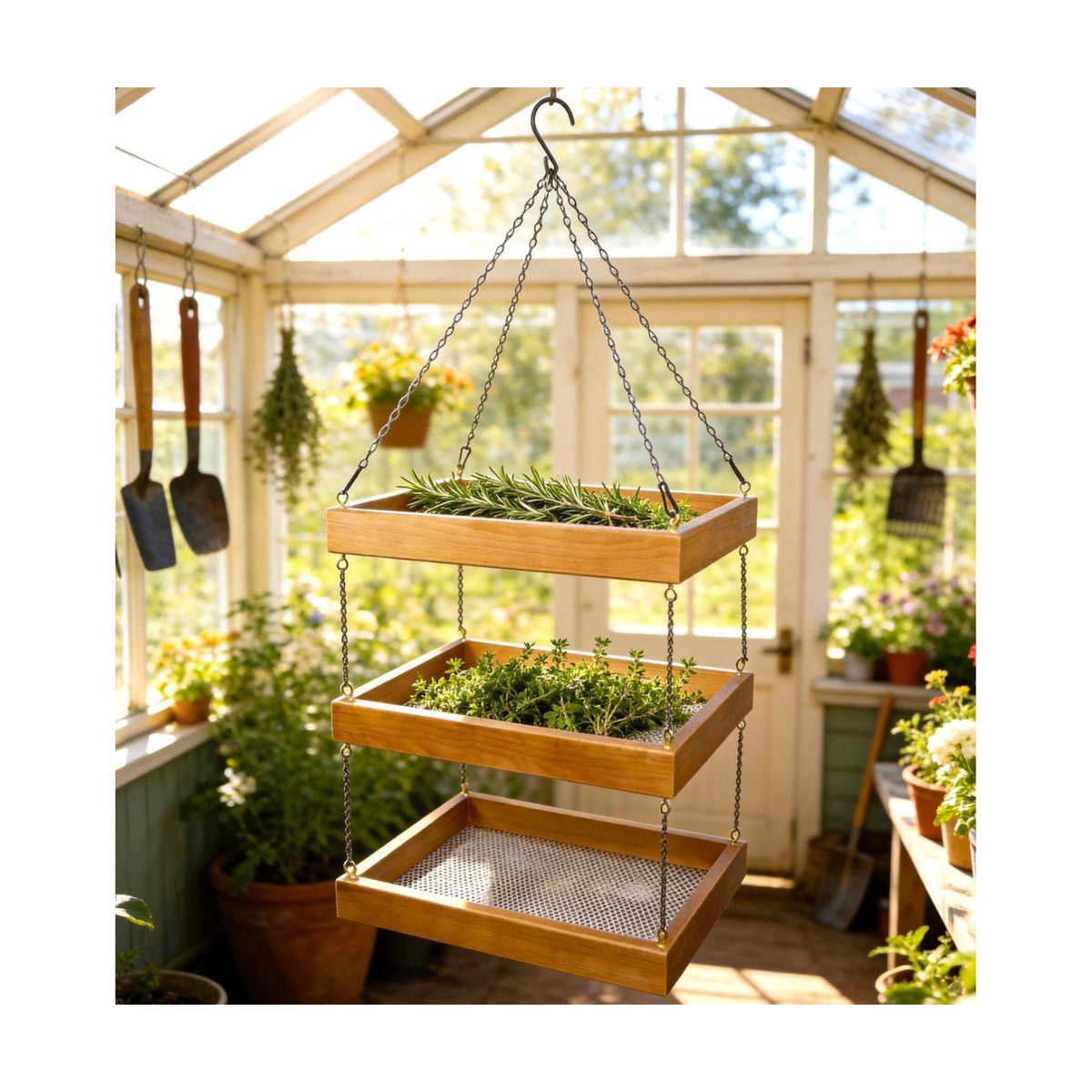 15.7"x11.8" 3-Tier Hanging Herb Drying Rack, Wooden Floral Drying Screen