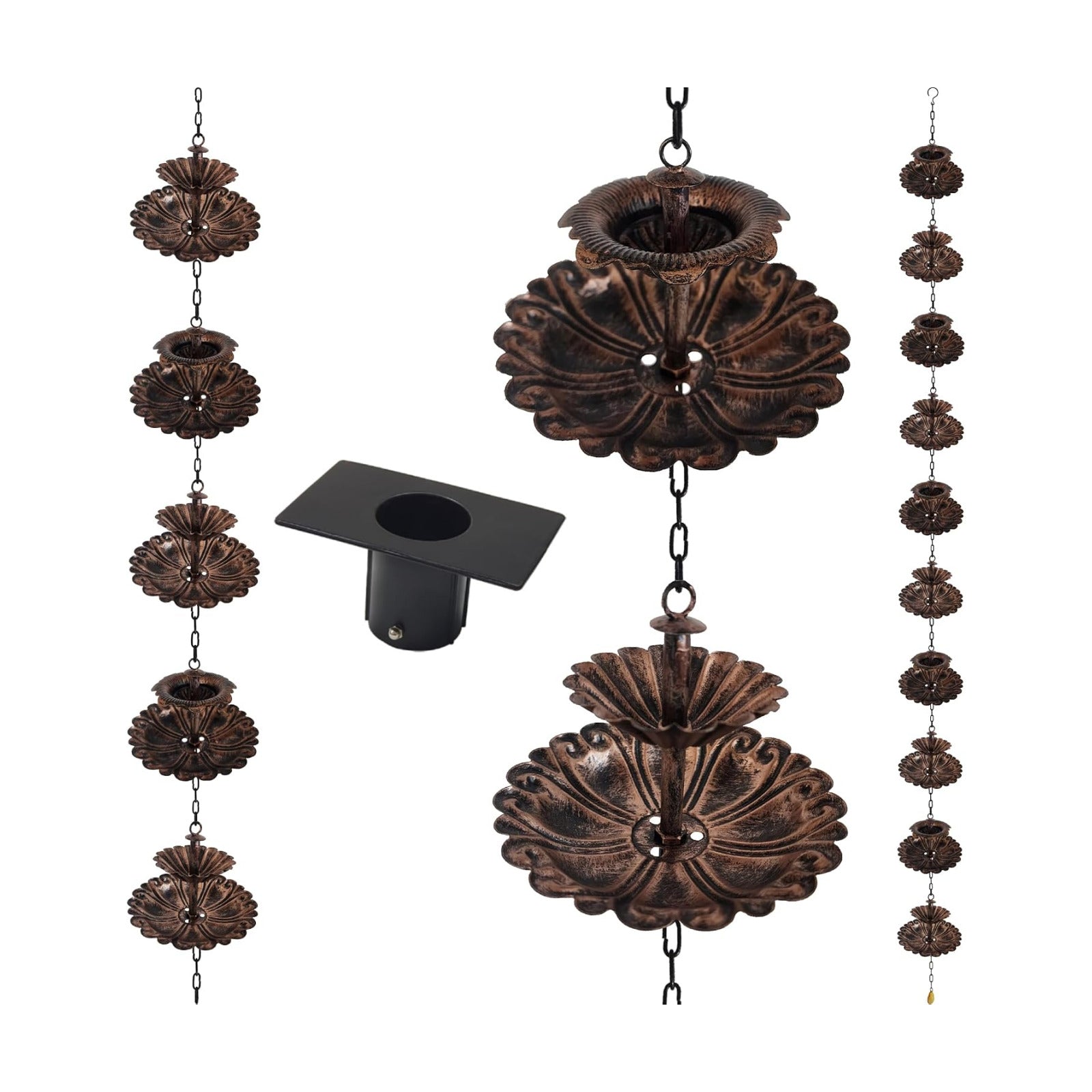 8.5FT Fountain Iron Rain Chain for Gutters and Rain Barrel+Adapter, Bronze | Rain Chains for Downspout, Rust-Prevent