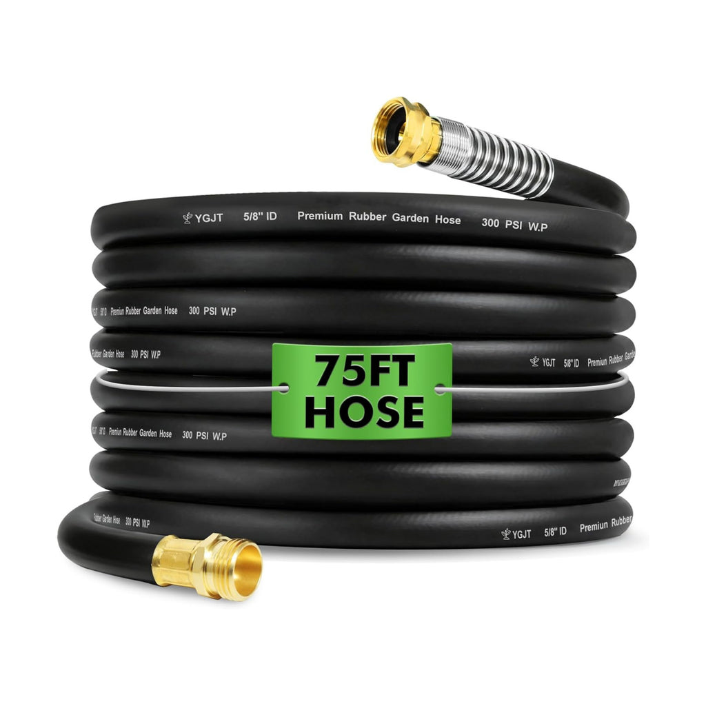 Heavy Duty Garden Hose 75FT x 5/8", 300psi Working, 1100psi Burst | Non kinking rubber water hose for hot/cold water.