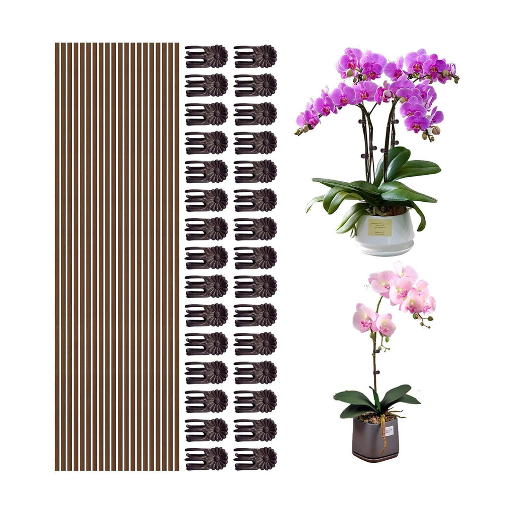 50Pcs Plant Stake and Clips Set, Adjustable Bendable Garden Stakes for Tall Plants | Durable Plant Sticks for Pots, Flowers, Vines | Indoor & Outdoor Use | Brown Gardening Supplies