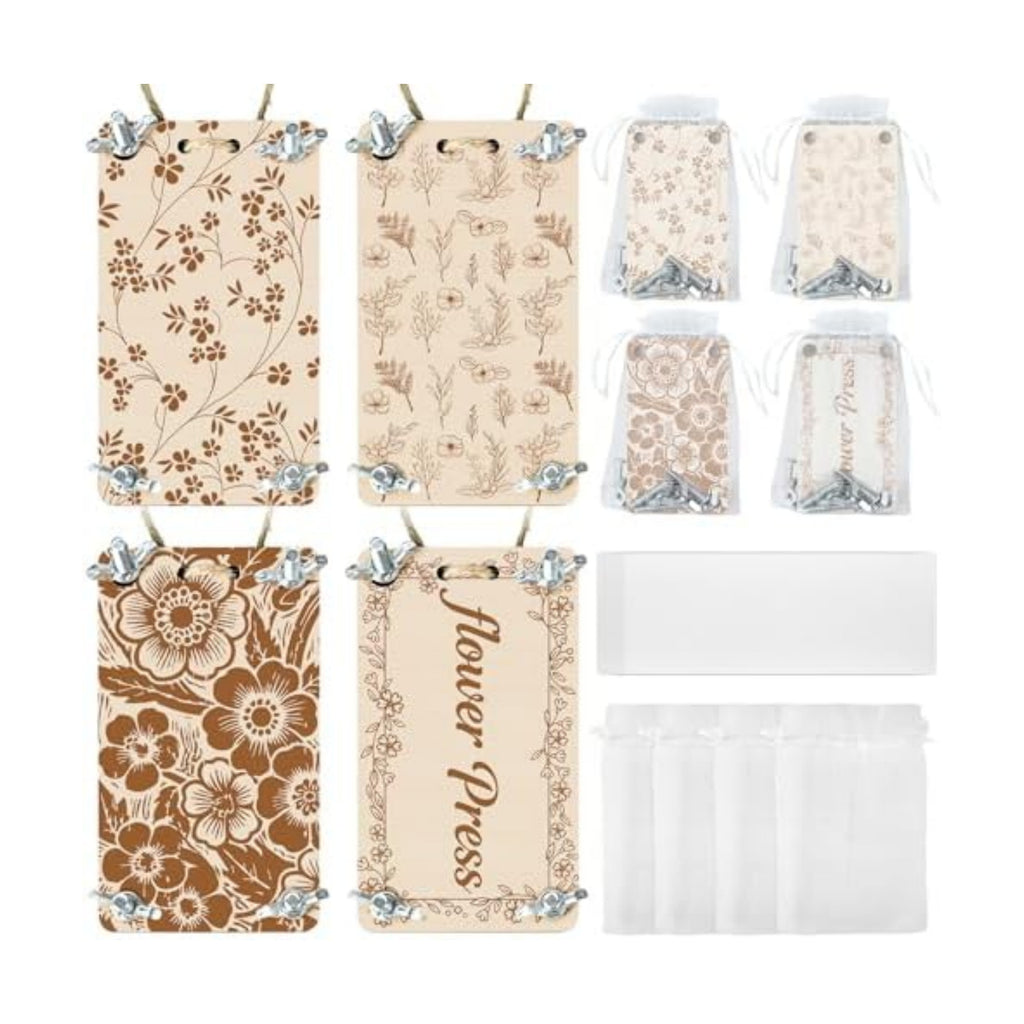 Mini Flower Press Kit - 4 Pack Small Wooden Press for Real Flowers, Includes Blotting Papers & Organza Bags, Pocket Portable DIY Plant Preservation Art Gift for Women, Girls & Plant Lovers (Rectangle)