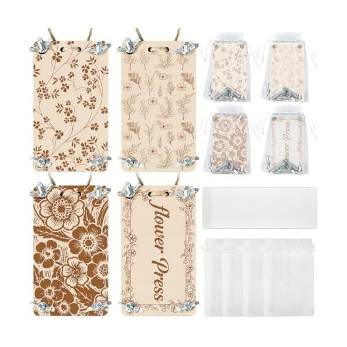 Mini Flower Press Kit - 4 Pack Small Wooden Press for Real Flowers, Includes Blotting Papers & Organza Bags, Pocket Portable DIY Plant Preservation Art Gift for Women, Girls & Plant Lovers (Rectangle)