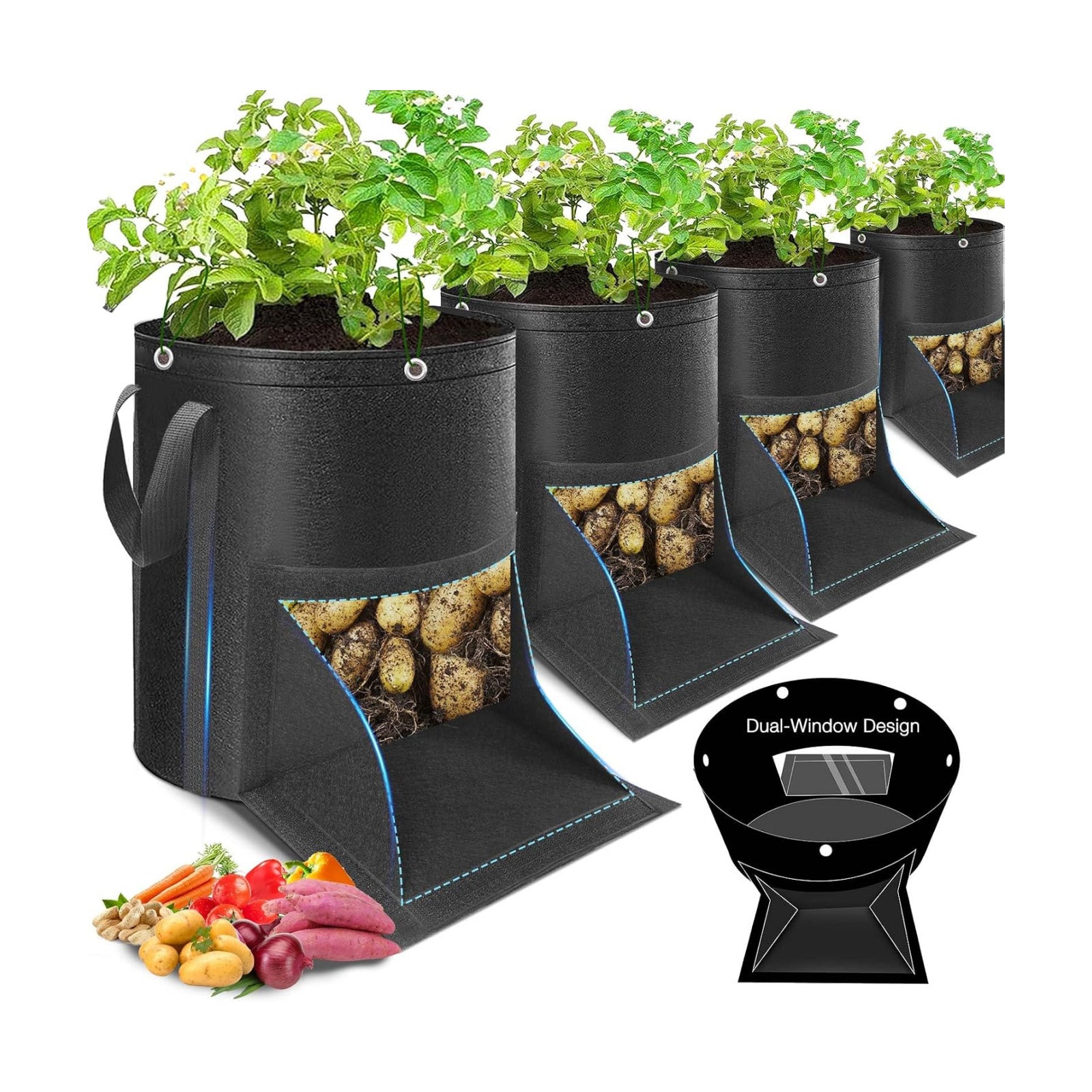 4 Pack Potato Grow Bags 15 Gallon with Harvest & Visible Window Thickened Garden Bags to Grow Vegetables with Handles &