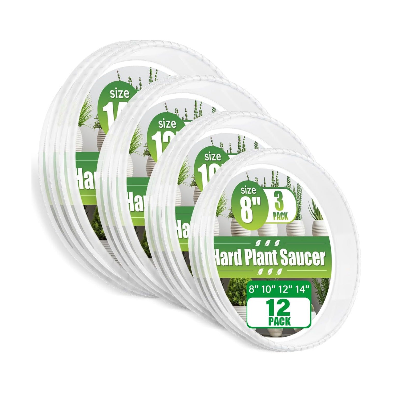 RooTrimmer 12 Pack Clear Plant Saucers for Pots,8" 10" 12" 14 Inch Assorted Sizes,Heavy Duty Thick Plastic Drip