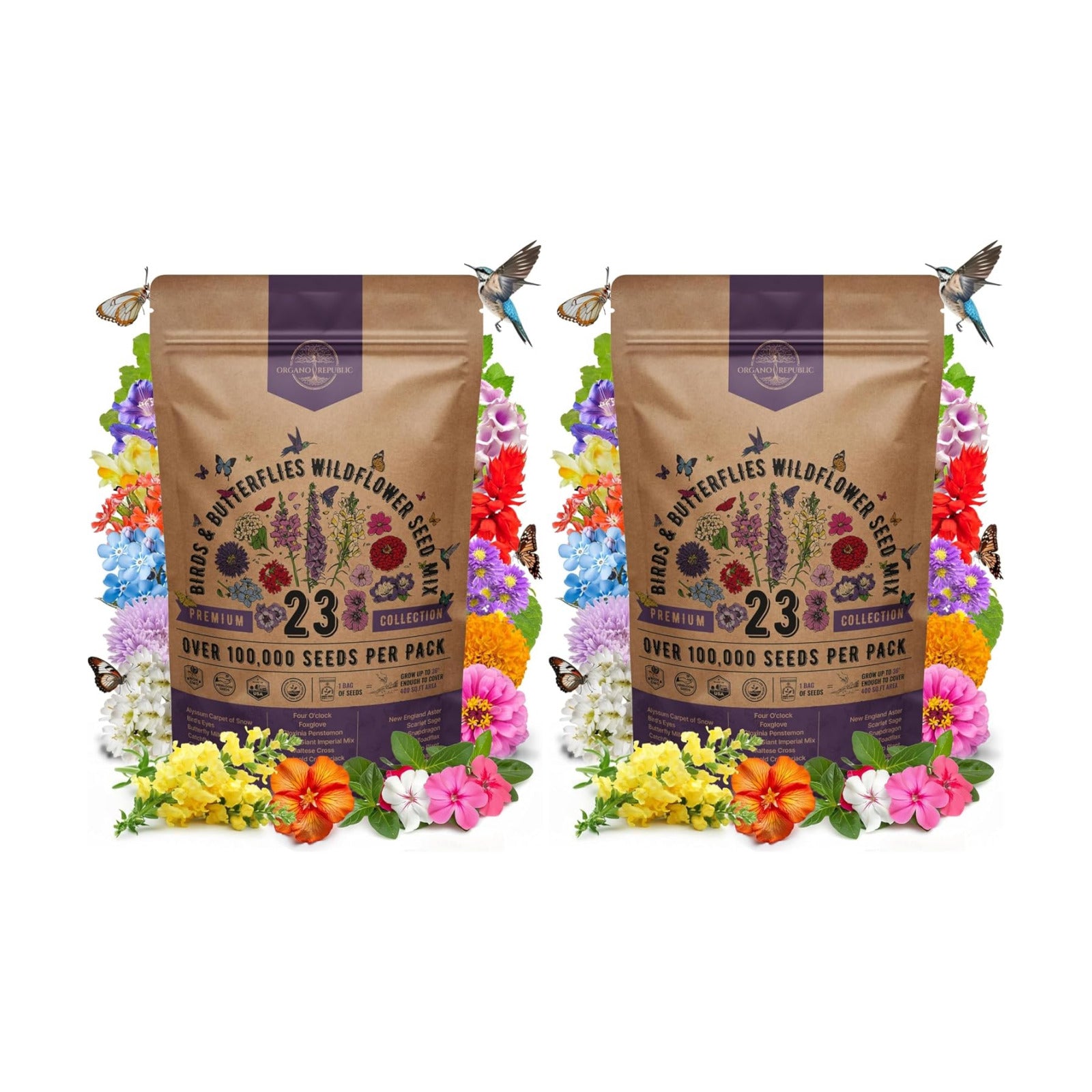 23 Wildflower Seeds Annual & Perennial Mix for Indoor & Outdoors, Attract Birds & Butterflies 100,000+ Non-GMO